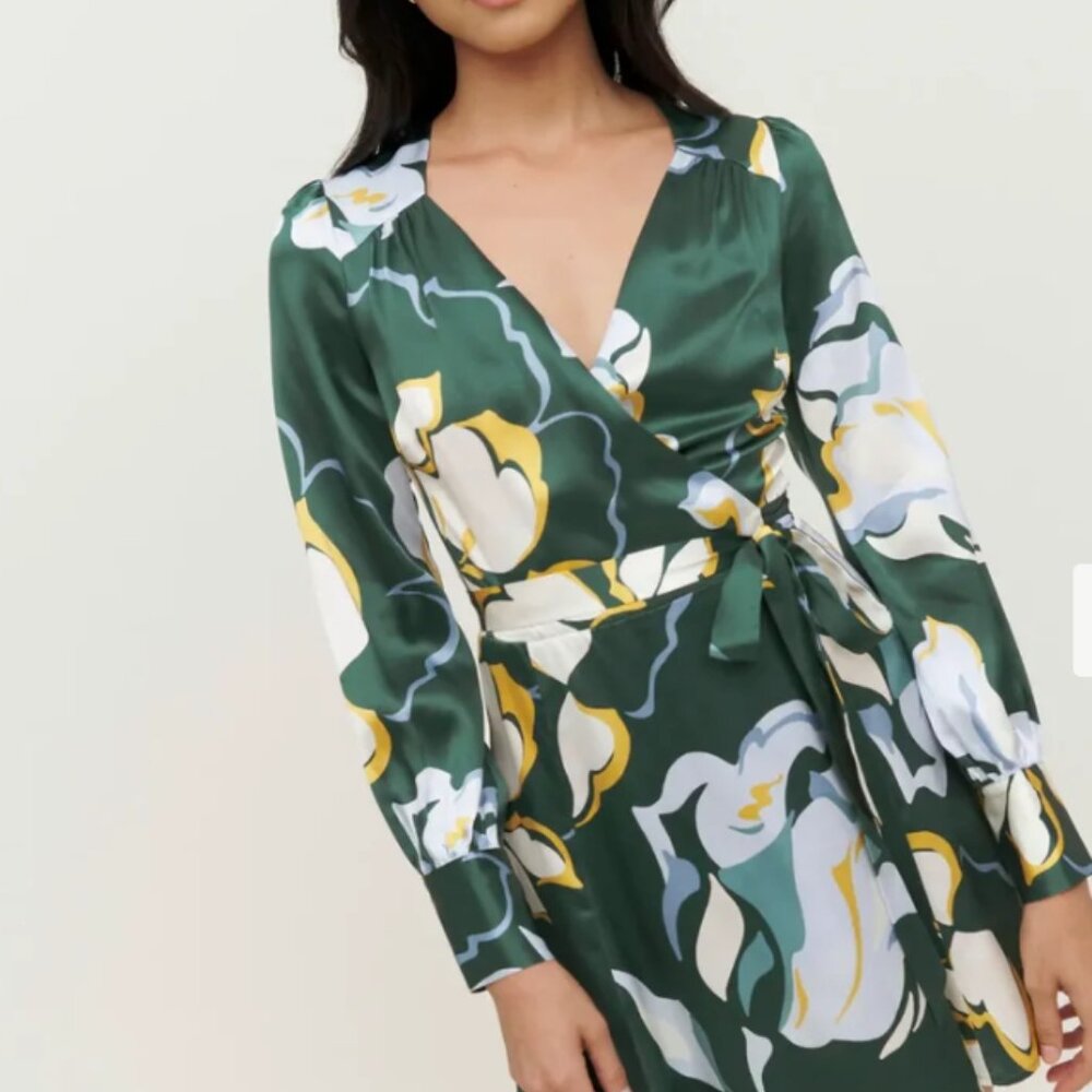 NWOT Reformation Chrissy Dress Floral Silk Wrap Mini Dress in Lyra Green XS $278 - Picture 9 of 14